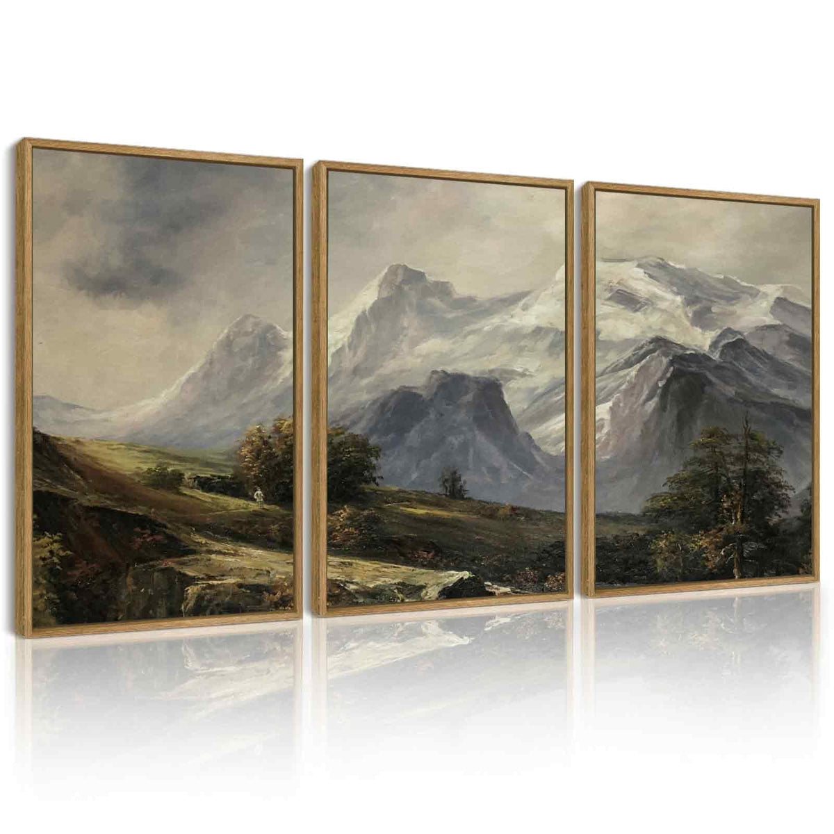 Drsoum Vintage Wall Art 16x24in3pcs Brown Framed Mountain Landscape Painting Retro Meadow Scenery Farmhouse Kitchen Living Room Decor