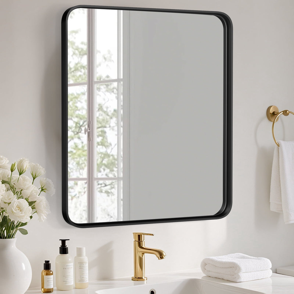 EDX Bathroom Mirror 32"x 40" Wall Mirror with Rectangular Metal Frame, Black