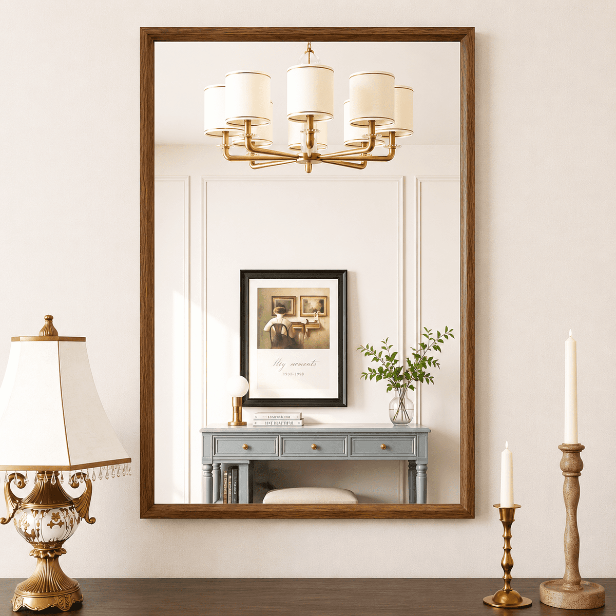 STAWDY 24"x 36" Bathroom Wall Mirror with Walnut Wood Grain Framed, Vanity Mirror Anti-Rust, Anti-Fog, Waterproof