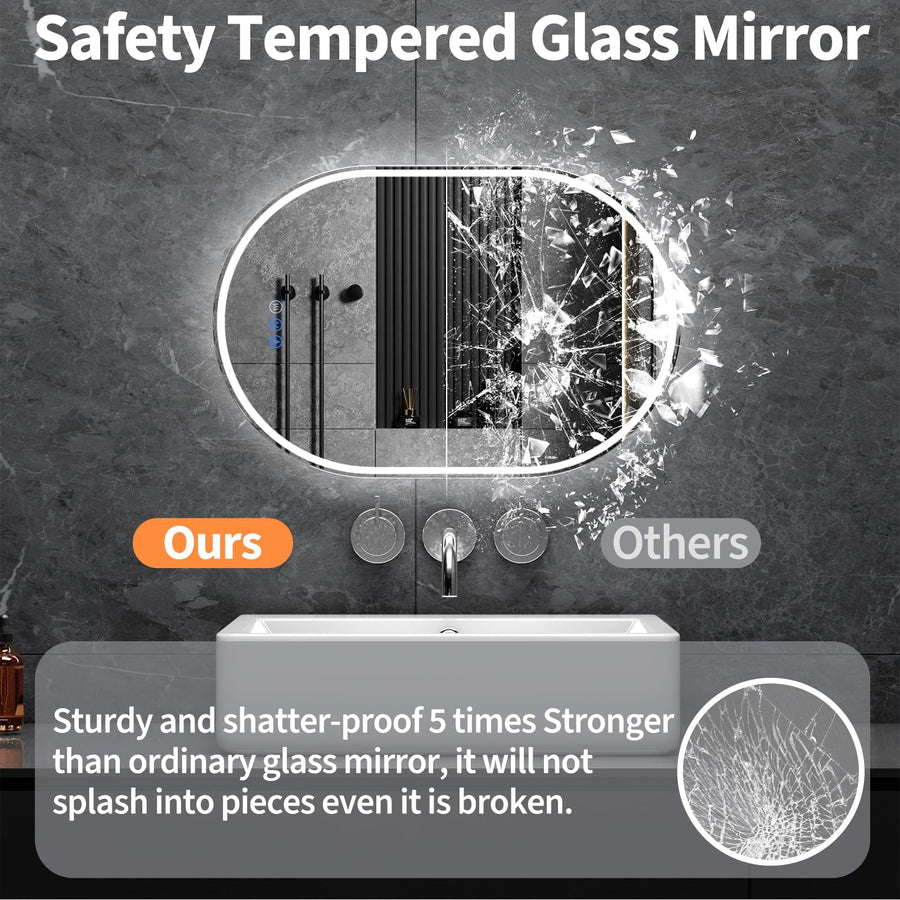 Greenpod Oval LED Bathroom Mirror, 16"x 24" Frameless LED Mirror with Front Light and Backlit, Anti-Fog, Dimmable Modern Wall Mounted Lighted Mirror, Pill-Shaped Smart Mirror Bathroom