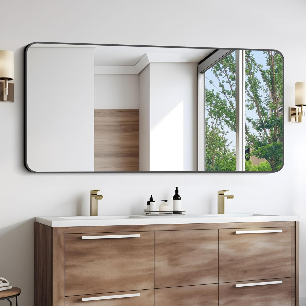 Anyrose 30"x60" Bathroom Mirror, Large Rectangular Wall Mirror, Metal Frame Rectangle Mirror Rounded Corner Vanity Mirror,Black