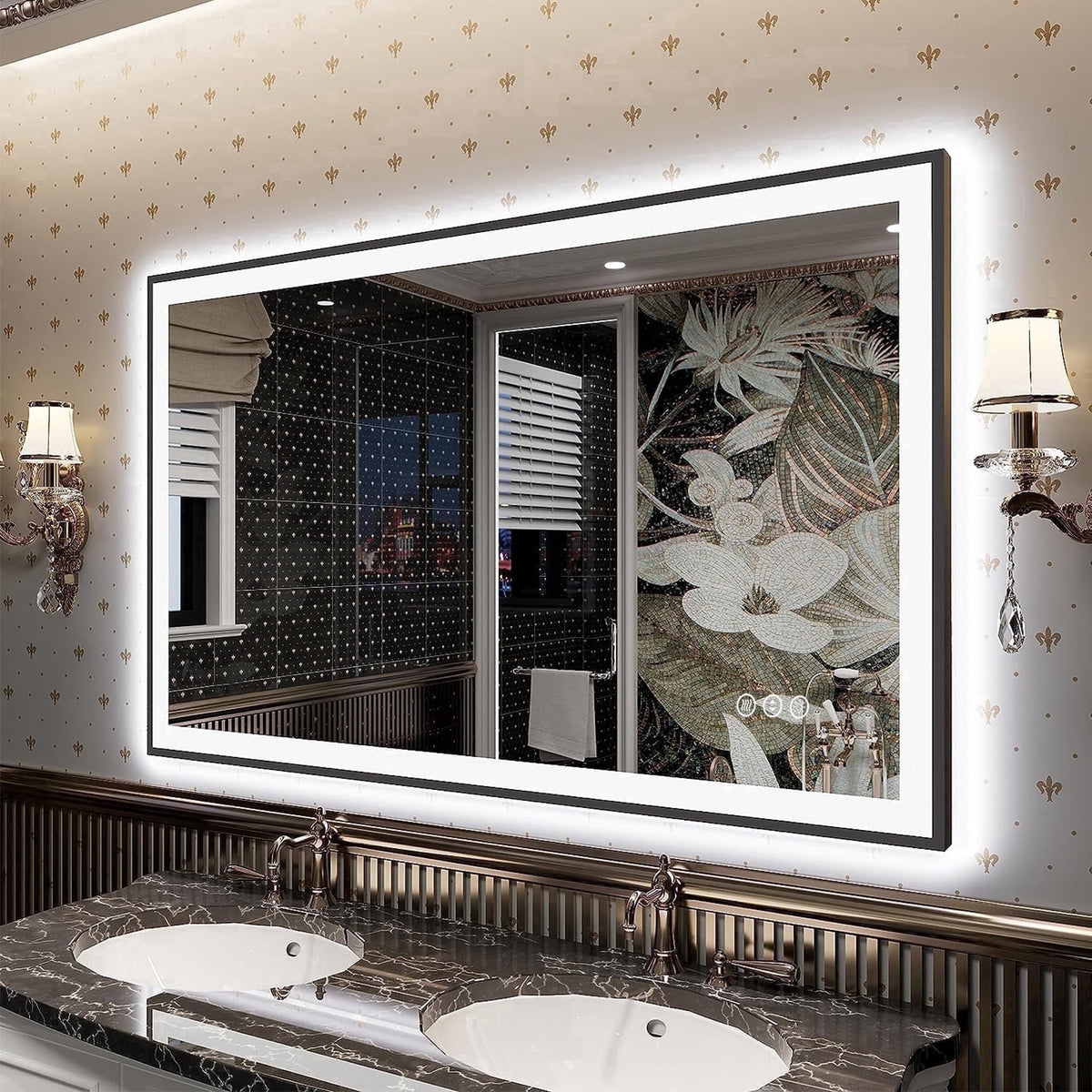 Extra Large LED Anti-Fog Bathroom Mirror with Black Metal Frame 48"x30"