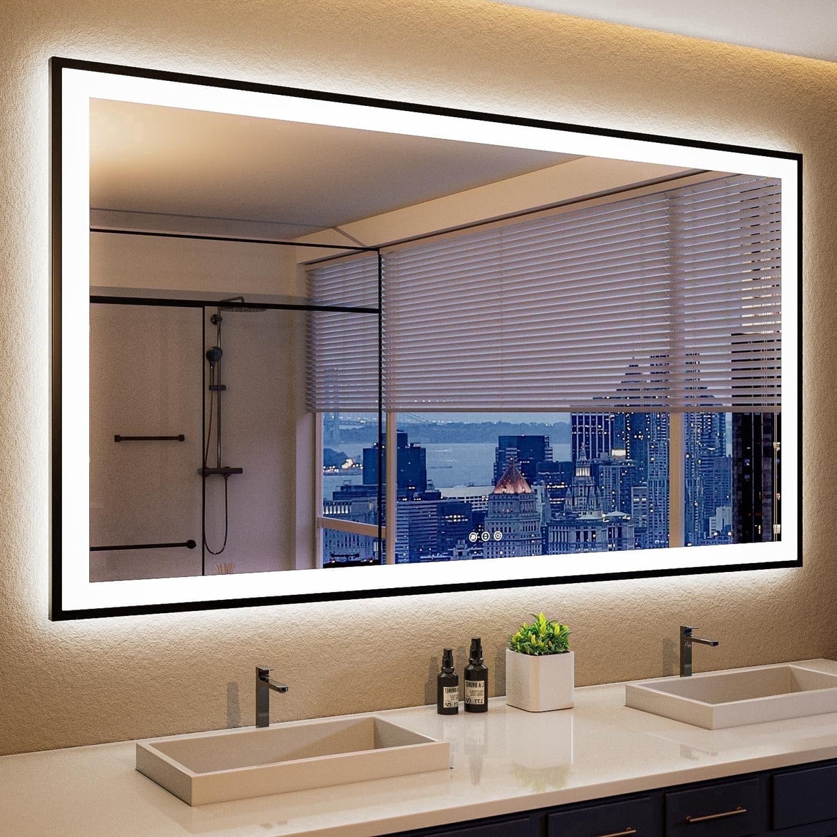 Extra Large LED Anti-Fog Bathroom Mirror with Black Metal Frame 60"x36"