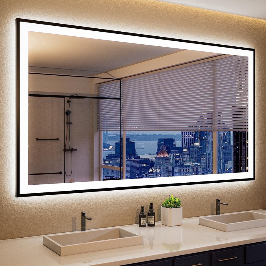 Extra Large LED Anti-Fog Bathroom Mirror with Black Metal Frame 60"x36"