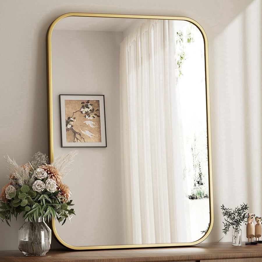 BEAUTYPEAK 20"x28" Wall Mirror Rounded Corners Hanging Vanity Mirror Gold