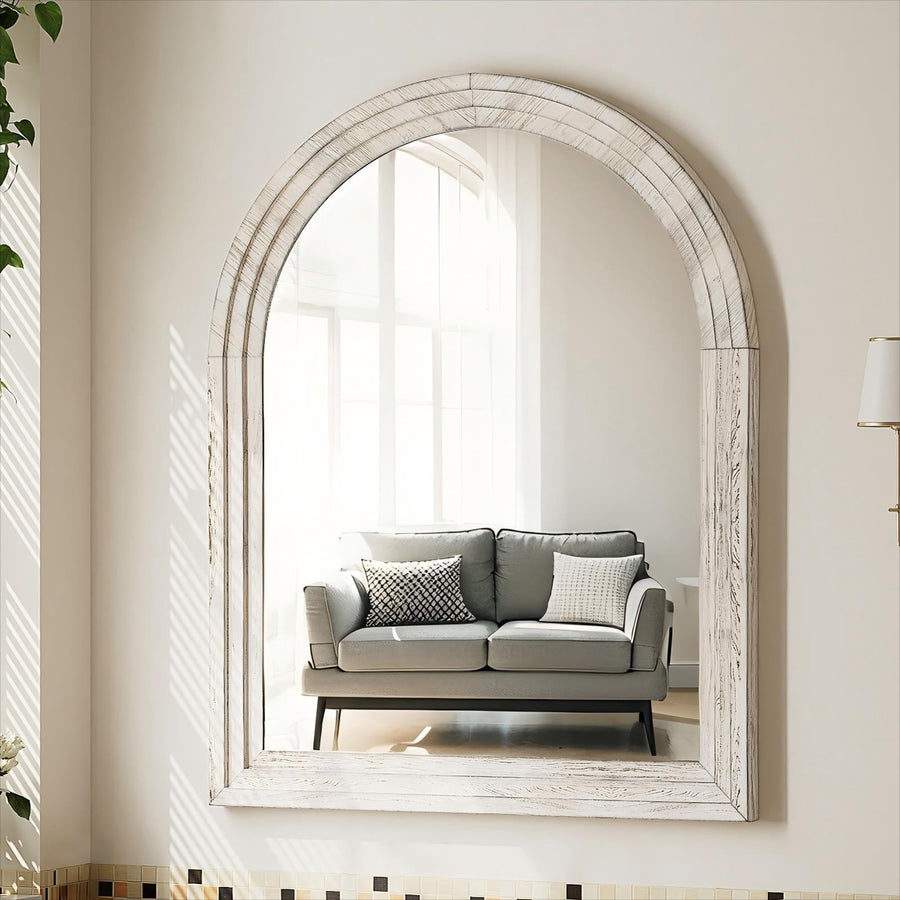 BEAUTYPEAK 30"x40"Arched Bathroom Mirror Wooden Framed Wall Mirror，White