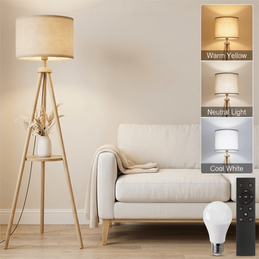 DAYBETTER Floor Lamp for Living Room, 60'' Wood Tripod Floor Lamp with Shelves, 3 Color Temperature, Dimmable, Remote Control Standing Lamp for Living Room, Bedroom, Office, LED Bulbs Included