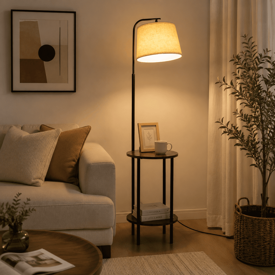 DEWENWILS Floor Lamp with Table for Living Room, 62in Rustic Farmhouse Wooden Floor Lamps, Attached End Table with Lamp for Bedroom, Office, Read Lighting, Home Decor, Brown
