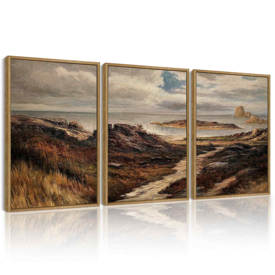 Drsoum Landscape Wall Art Vintage Classical Seaside Path Wilderness Prints Modern Hallway Kitchen Office Decor 12x16in3pcs Brown Framed