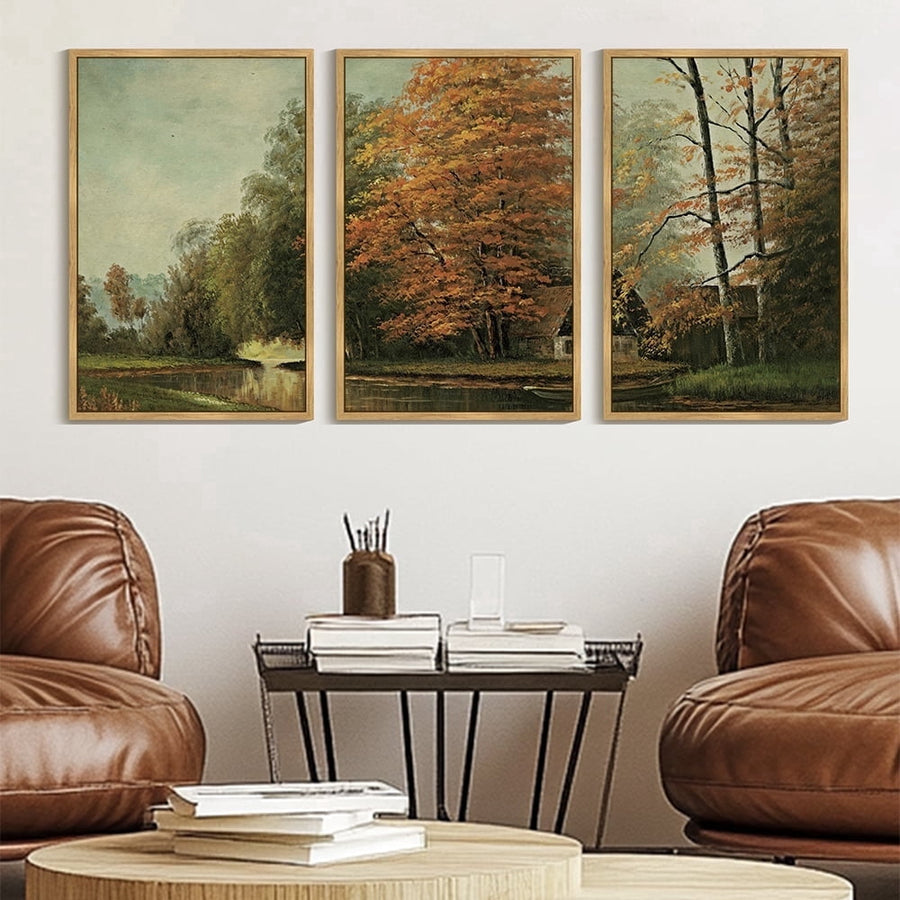 Drsoum Large 24x36in3pcs Brown Framed Vintage Wall Art Countryside River Landscape Painting Retro Fall Scenery Farmhouse Bedroom Above of Bed Living Room Decor