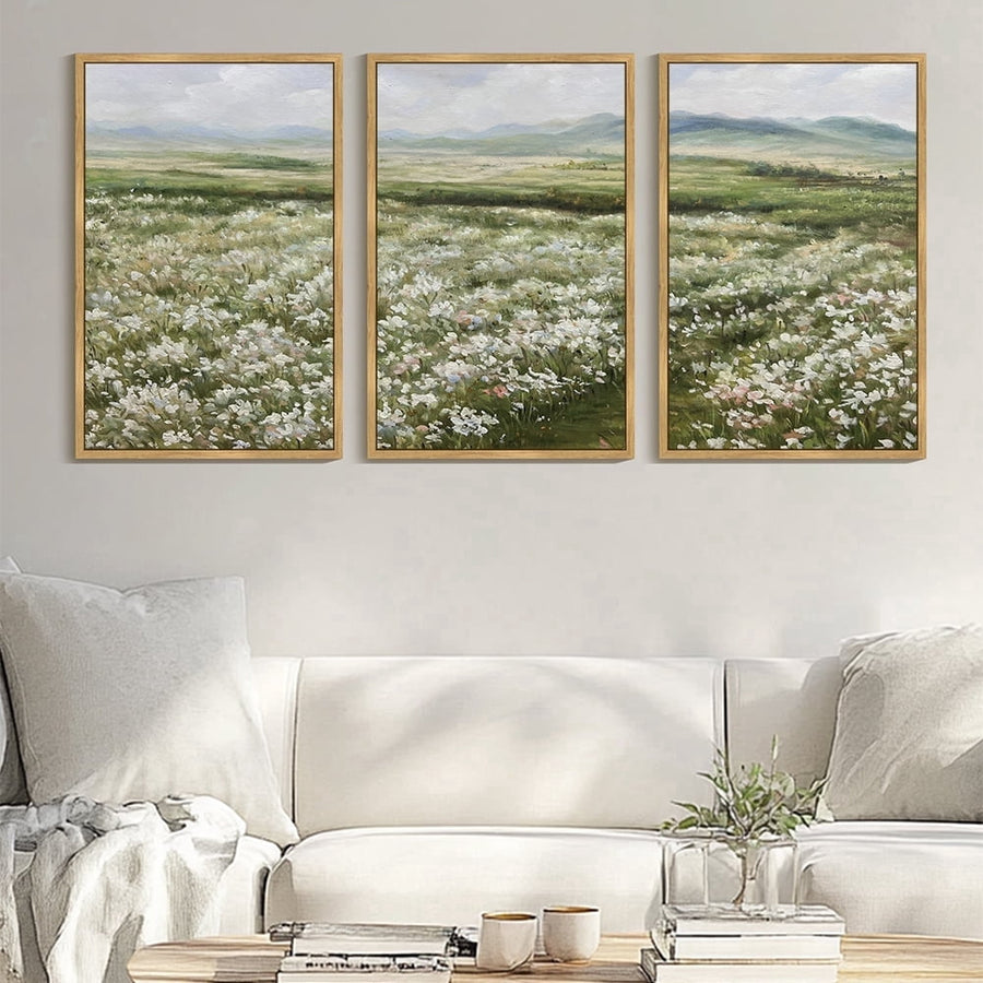 Drsoum Large 24x36in3pcs Brown Framed Vintage Wall Art Rustic Meadow Sea of Wildflower Field Landscape Painting Retro Floral Scenery Living Room Decor
