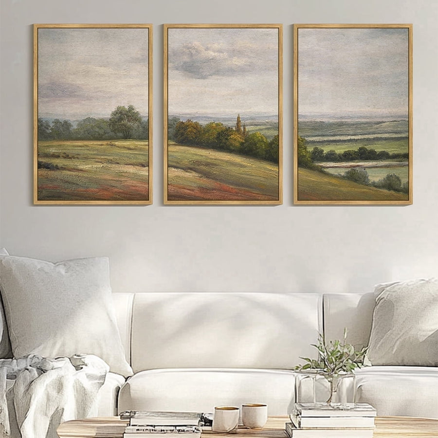 Drsoum Large 24x36in3pcs Brown Framed Vintage Wall Art White Clouds Over Vast Grassland Landscape Painting Retro Meadow Scenery Farmhouse Living Room Decor