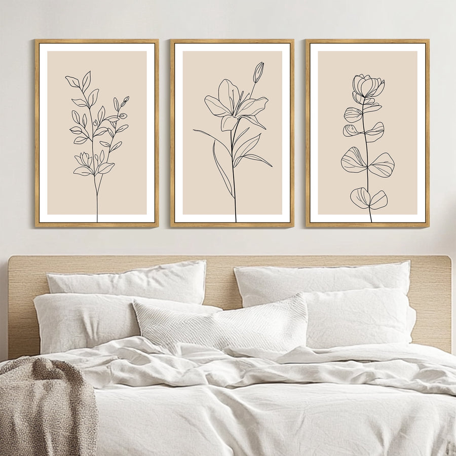 Drsoum Large 24x36in3pcs Natural Framed Vintage Flower Wall Decor Home Floral Painting Minimalist Wall Hanging Art for Living Room