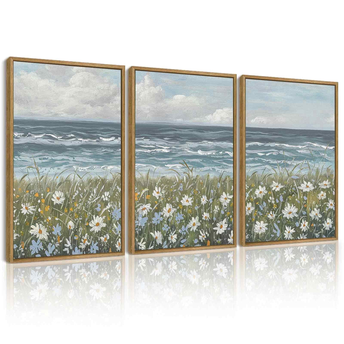 Drsoum Vintage Coastal Wildflower Field Wall Prints Classic Retro Farmhouse Landscape Wall Art 16x24in3pcs Natural Framed Rustic Decorations for Kitchen Bedroom