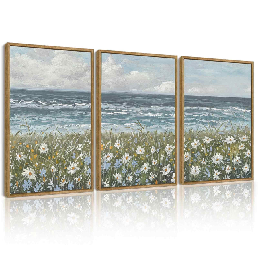 Drsoum Vintage Coastal Wildflower Field Wall Prints Classic Retro Farmhouse Landscape Wall Art 16x24in3pcs Natural Framed Rustic Decorations for Kitchen Bedroom