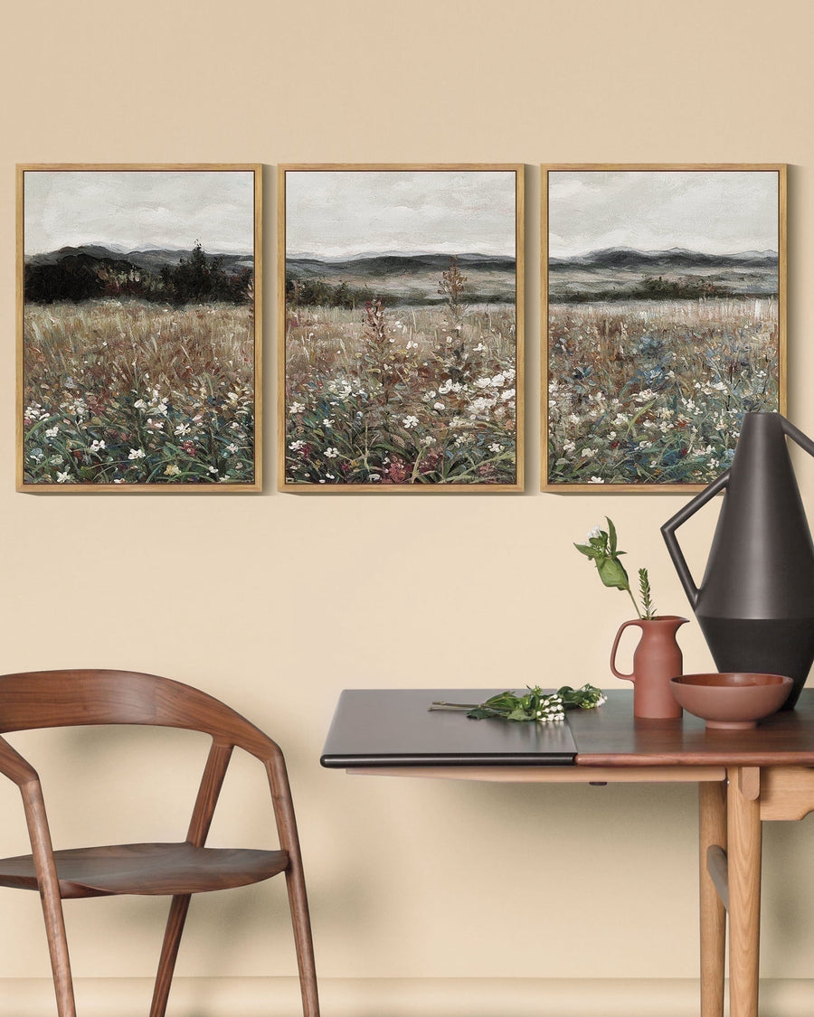 Drsoum Vintage Landscape Wall Art Meadow Sea of Flower Wall Prints Classic Retro Farmhouse Rustic Decorations for Office Bedroom 11x14in3pcs Natural Framed
