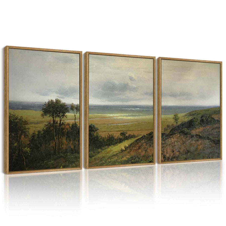 Drsoum Vintage Landscape Wall Art Rustic Vast Grassland Farmhouse Decor Retro Countryside Meadow Painting for Kitchen Living Room Bedroom 11x14in3pcs Brown Framed