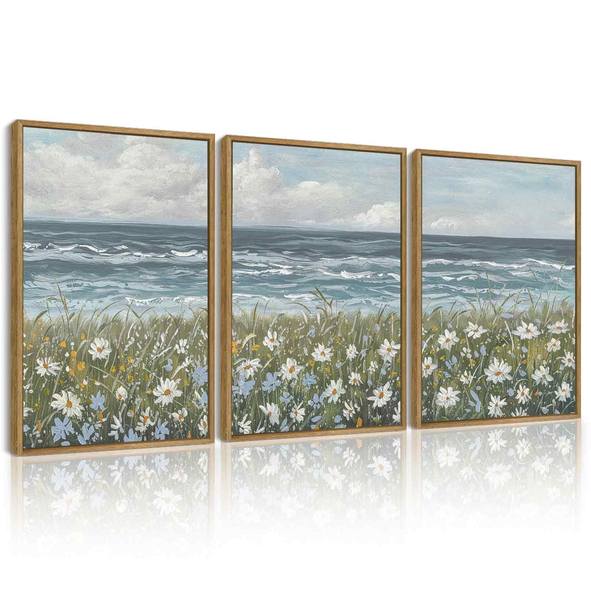 Drsoum Vintage Landscape Wall Art Sea Coastal Wildflower Field Scenery Farmhouse Decor Retro Painting for Living Room Bedroom 12x16in3pcs Brown Framed