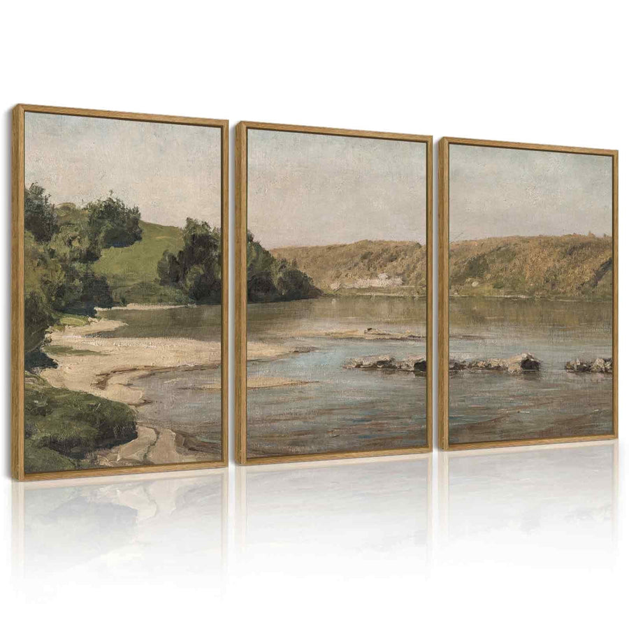 Drsoum Vintage Wall Art 16x24in3pcs Brown Framed Rustic Country Riverside Landscape Scenery Home Decor Retro Mountain Decorations for Bedroom