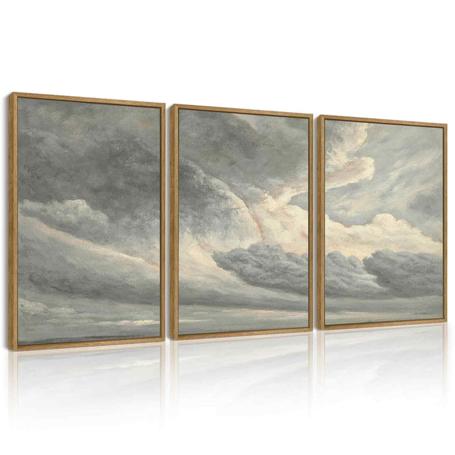 Drsoum Vintage Wall Art Clouds in the Sky Landscape Painting Retro Cloudy Scenery Farmhouse Bedroom Above of Bed Living Room Decor 11x14in3pcs Brown Framed