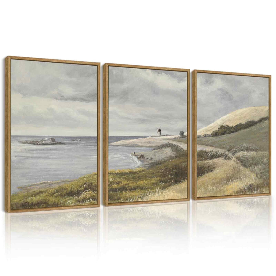Drsoum Vintage Wall Art Coastal Seascape Landscape Painting Retro Meadow Scenery Farmhouse Bedroom Above of Bed Living Room Decor 12x16in3pcs Brown Framed