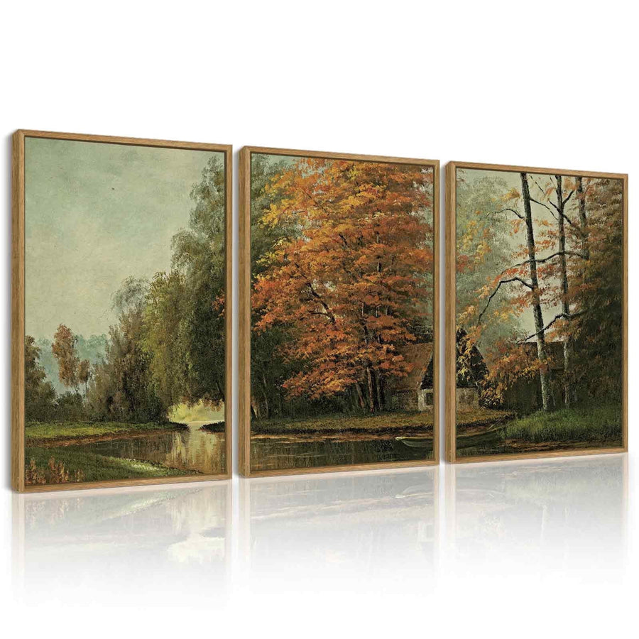 Drsoum Vintage Wall Art Countryside River Landscape Painting Retro Fall Scenery Farmhouse Bedroom Above of Bed Living Room Decor 12x16in3pcs Brown Framed