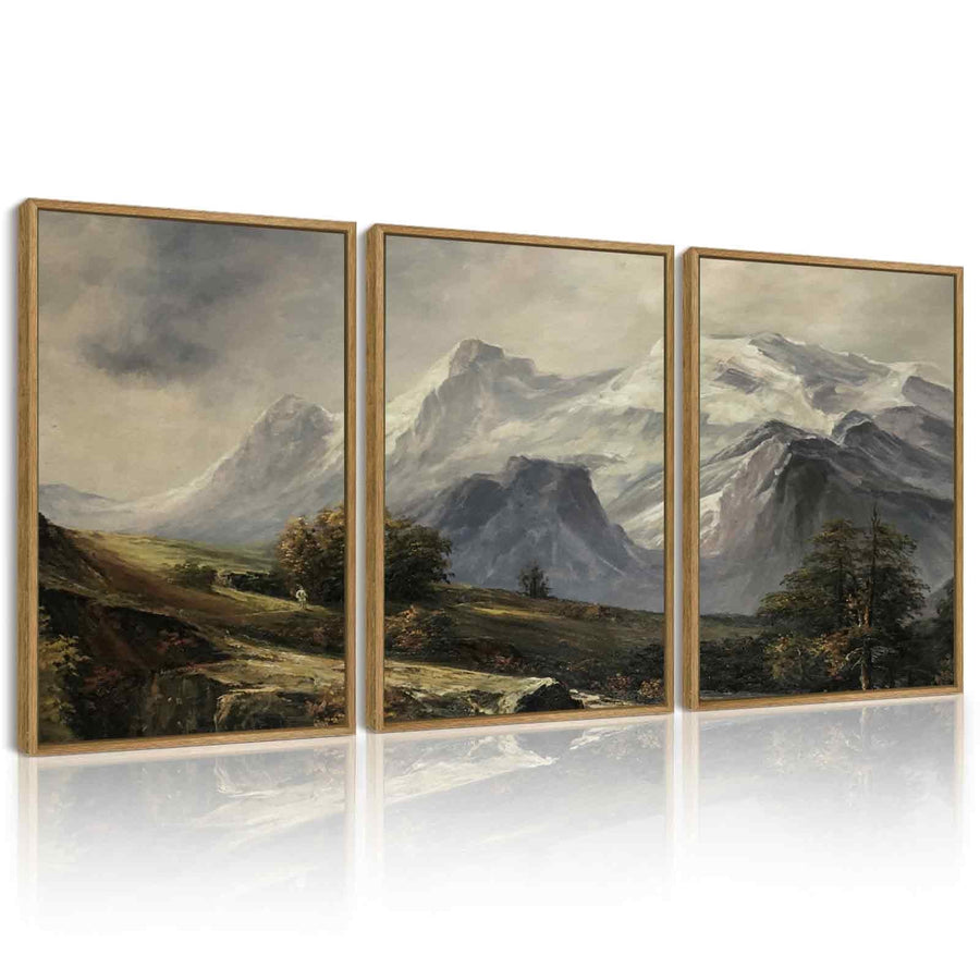 Drsoum Vintage Wall Art Mountain Landscape Painting Retro Meadow Scenery Farmhouse Kitchen Living Room Decor 12x16in3pcs Brown Framed