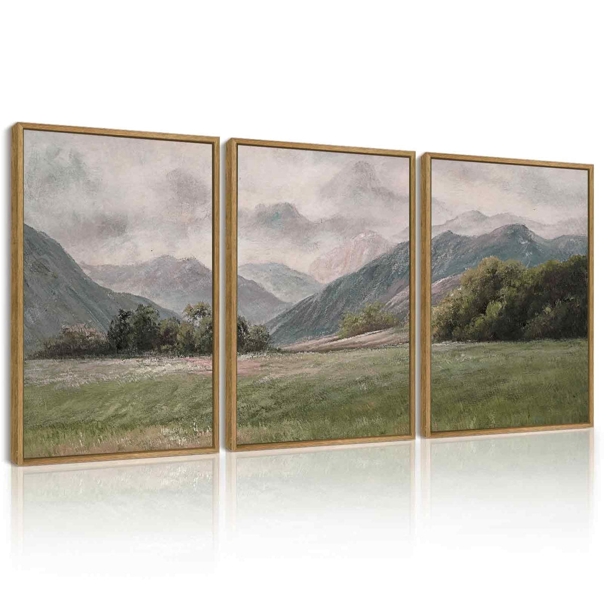 Drsoum Vintage Wall Art Prairie and Mountain Landscape Painting Retro Meadow Scenery Farmhouse Kitchen Living Room Decor 12x16in3pcs Brown Framed