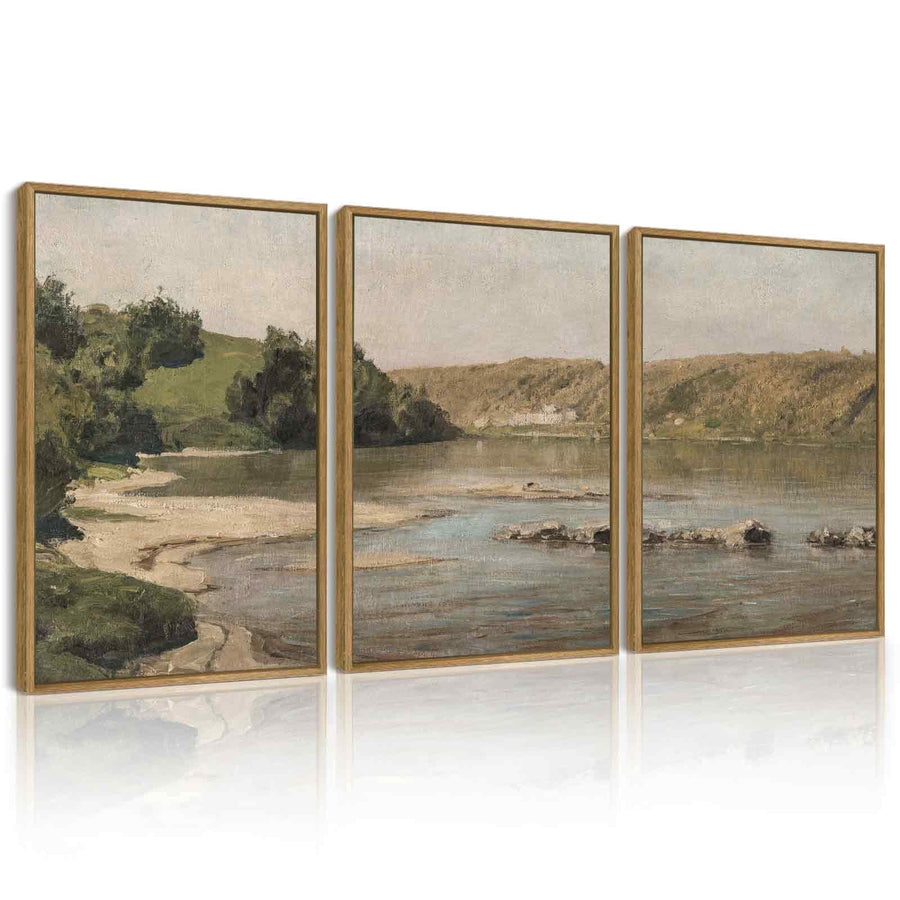 Drsoum Vintage Wall Art Rustic Country Riverside Landscape Scenery Home Decor Retro Mountain Decorations for Bedroom 11x14in3pcs Brown Framed
