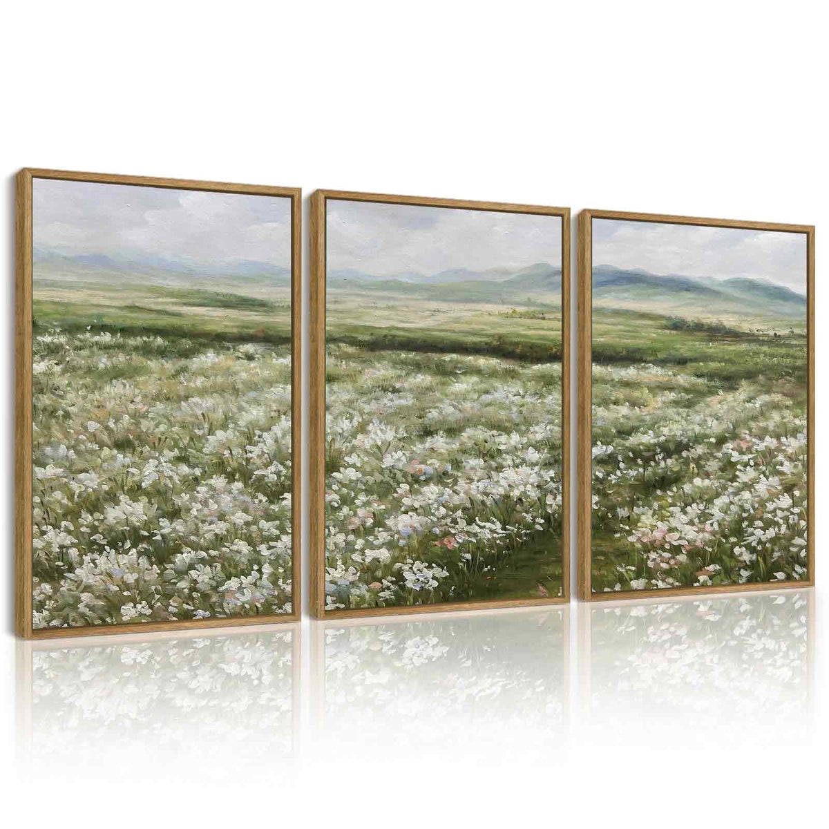 Drsoum Vintage Wall Art Rustic Meadow Sea of Wildflower Field Landscape Painting Retro Floral Scenery Living Room Decor 12x16in3pcs Brown Framed