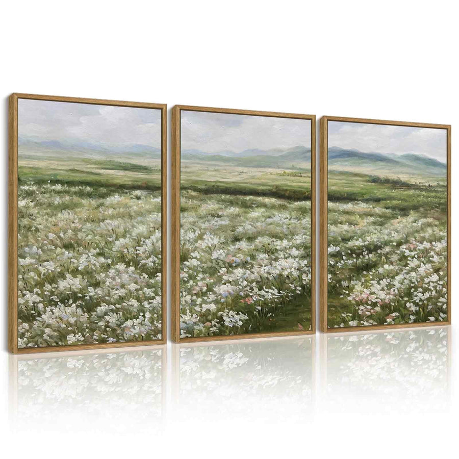Drsoum Vintage Wall Art Rustic Meadow Sea of Wildflower Field Landscape Painting Retro Floral Scenery Living Room Decor 12x16in3pcs Brown Framed