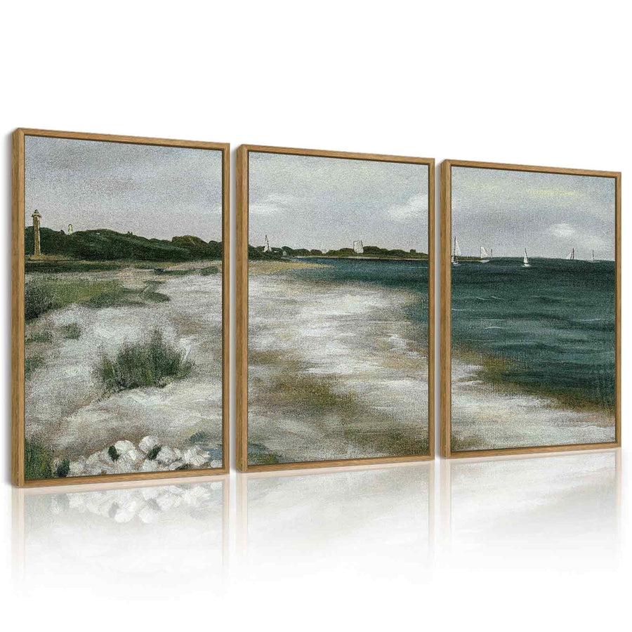 Drsoum Vintage Wall Art Seaside Coastal Landscape Painting Retro Beach Scenery Farmhouse Bedroom Above of Bed Living Room Decor 11x14in3pcs Brown Framed