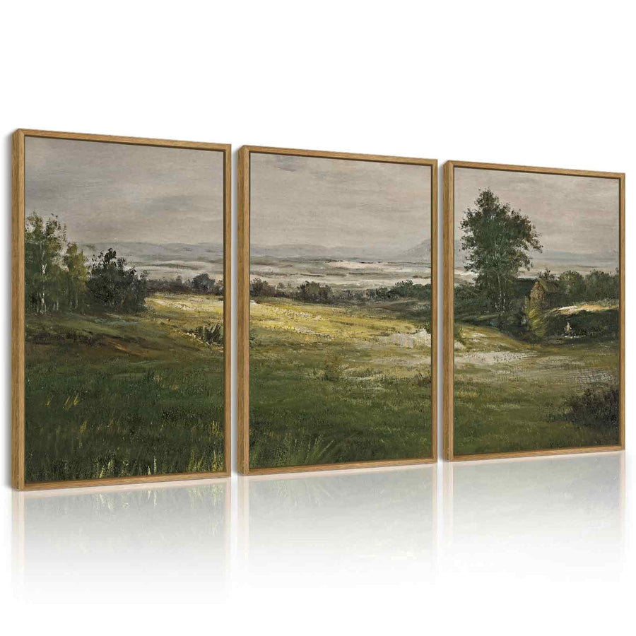 Drsoum Vintage Wall Art Vast Grassland Landscape Painting Retro Meadow Scenery Farmhouse Bedroom Above of Bed Living Room Decor 12x16in3pcs Brown Framed