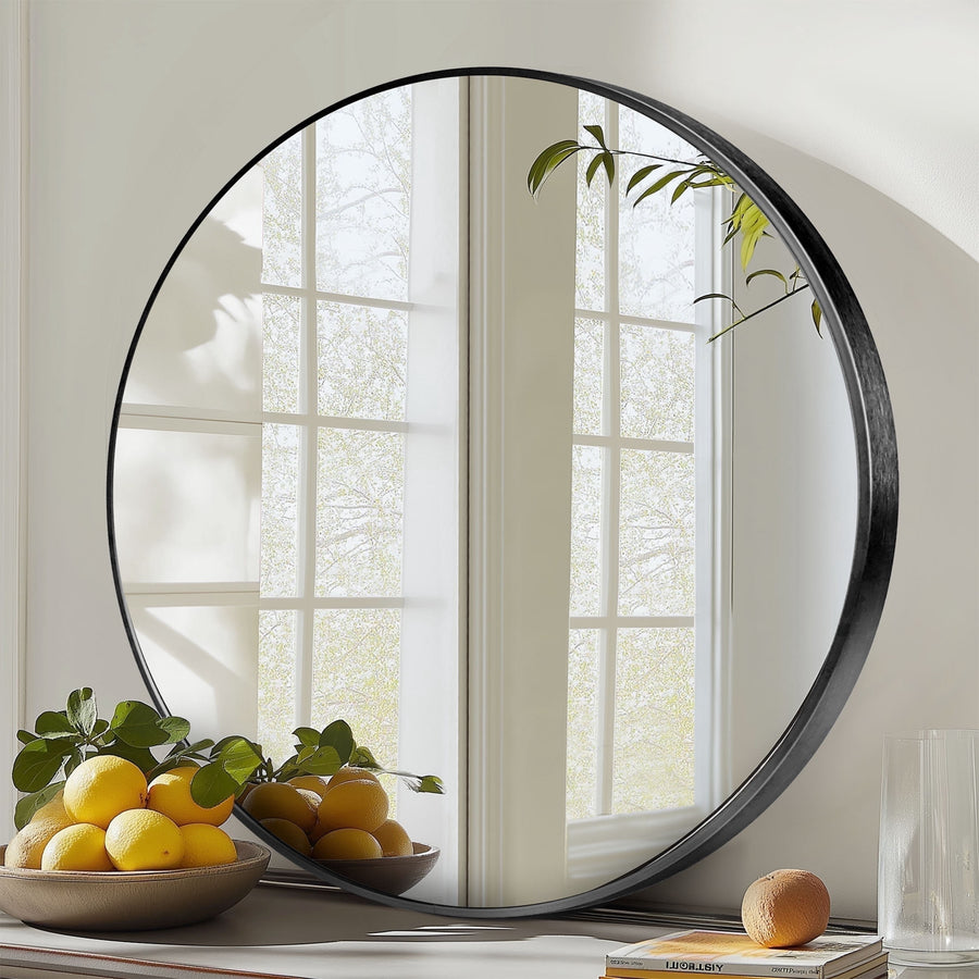 EDX 24" Wall Round Mirror with Crystal Clear Reflection, Convenient Hanging Hooks, and Premium Aluminum Alloy Construction, Black
