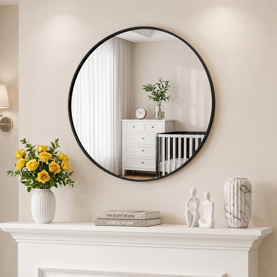 EDX Bathroom Mirror 28" Wall Mirror with Round Metal Frame, Black