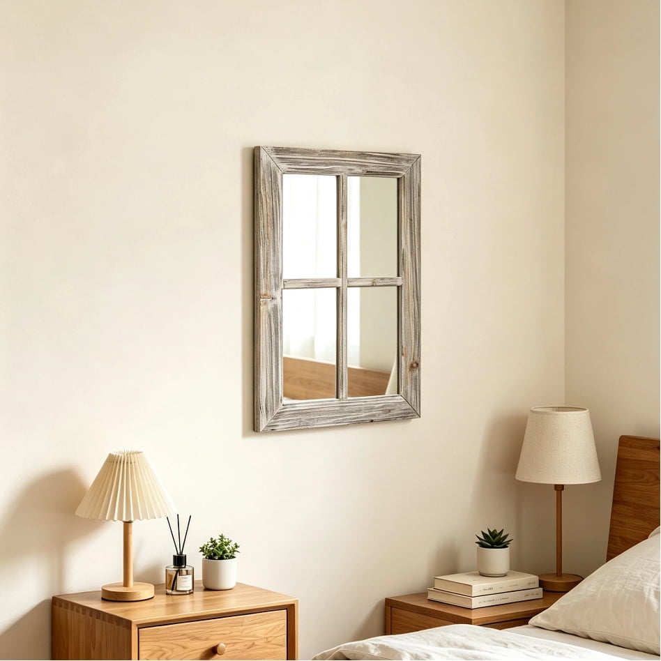 Illumira Rustic Windowpane Wall Mirror with Distressed Frame