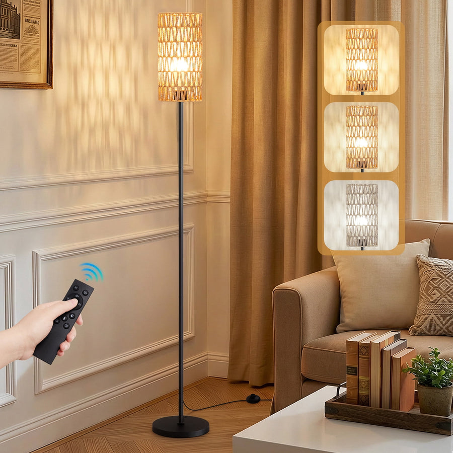 66" Floor Lamp for Living Room with Remote Control,Dimmable Standing Lamp with Woven Shade, 3 Color Temperatures, Tall LED Floor Lamp for Bedroom, Office, Farmhouse