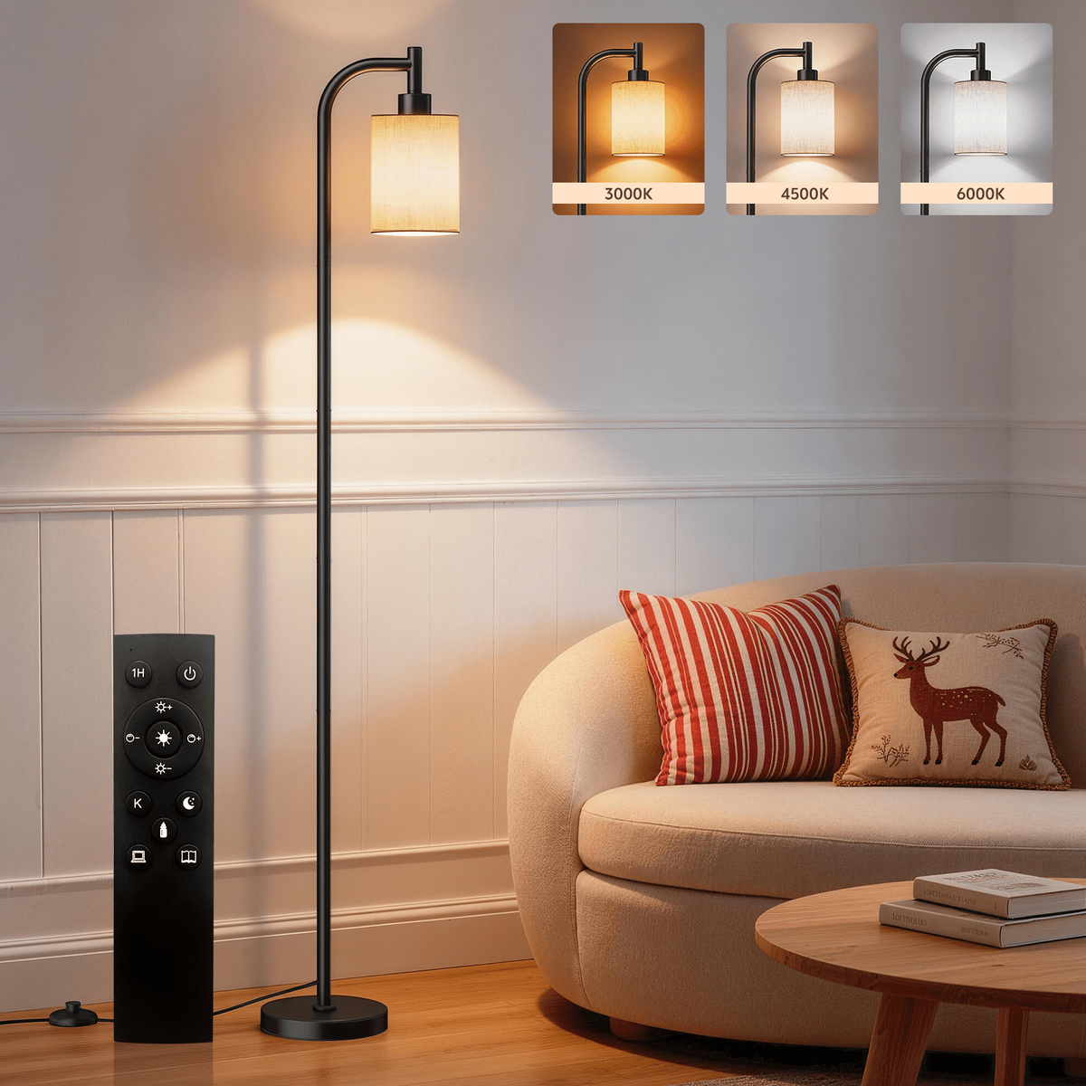 Floor Lamp for Living Room with Remote Control, 65" Tall Standing Lamp with Fabric Shade, Stepless Dimmable Floor Lamp with 3 Color Temperatures for Bedroom, Reading Room, Bulb Included