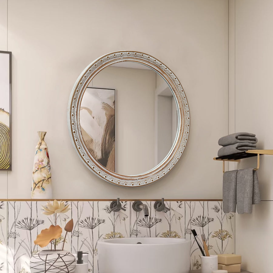 GDF Studio 23.62" Ornate Round Wall Mirror, Distressed Silver-Gold Carved Frame, Decorative Accent, Ancient White