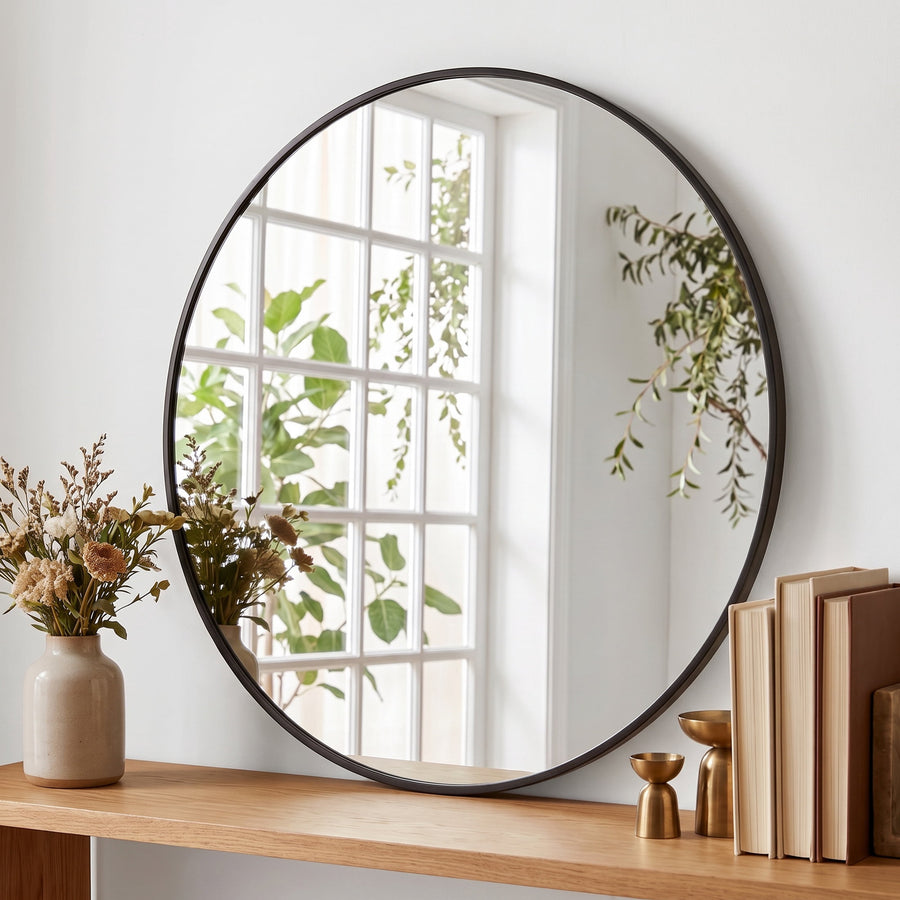 JIOABL 24 Inch Round Mirror, Metal Frame Wall Mirror for Entryway, Bathroom, Vanity, Living Room, Modern Circular Mirro, Black