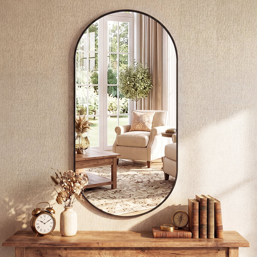 GIANNA 24"x48" Oval Bathroom Mirror – Metal Frame, Elliptical Wall Mirror for Vanity, Black