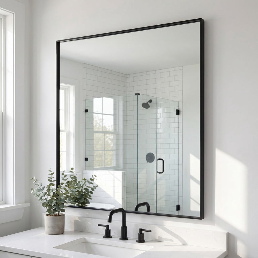Gleamira 42"x42" Rectangular Bathroom Mirror Wall Mounted Mirror with Metal Frame, Black