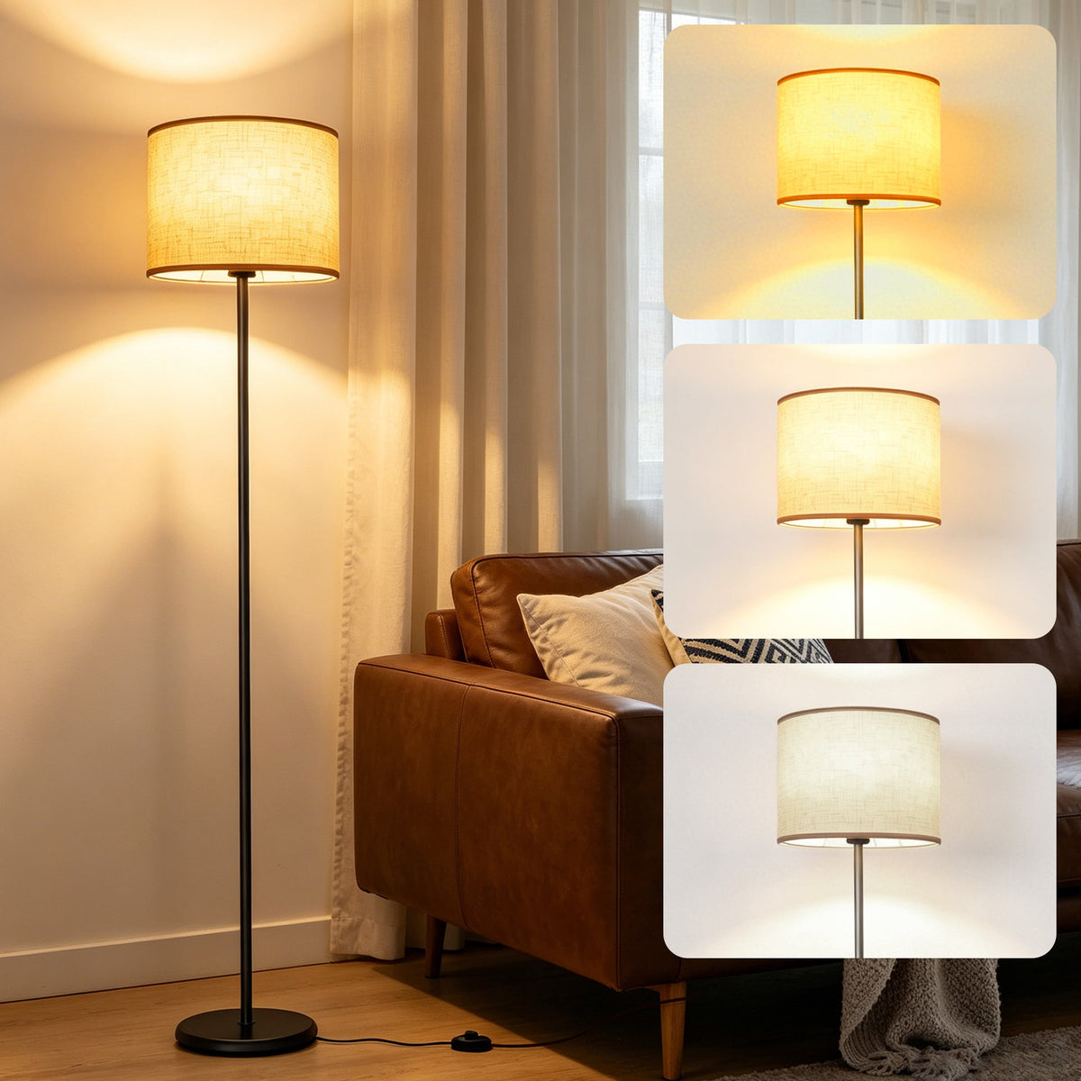 Govvep Modern Standing Floor Lamp, Beige Linen Lampshade, 3 Color Temperature Adjustable, Foot Switch Design, Floor Lamp for Home Bedroom Office Decor