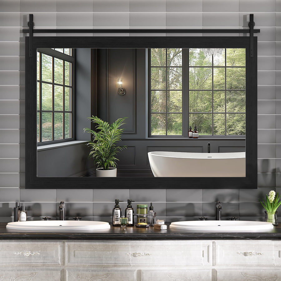 Hasipu 55"x36" Farmhouse Bathroom Mirror - Black Rustic Wood Framed Wall Mounted Mirror, Vintage Vanity Mirror with Barn Door Style for Bathroom Living Room Decor