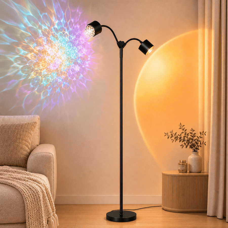 MEHOOM Double-Headed Floor Lamp , 360°Rotating Sunset Lamp Ambiance Comes with 7 Color Swatches, Modern Floor Stand Night Light for Living Rooms, Bedrooms & Offices