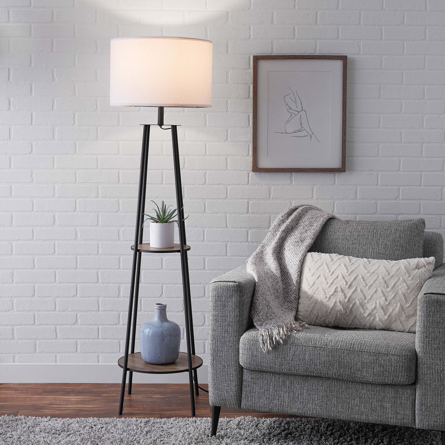 Mainstays Etagere Floor Lamp, 62 in, Matte Black, Mid-Century Style, with 2 Wood Shelves