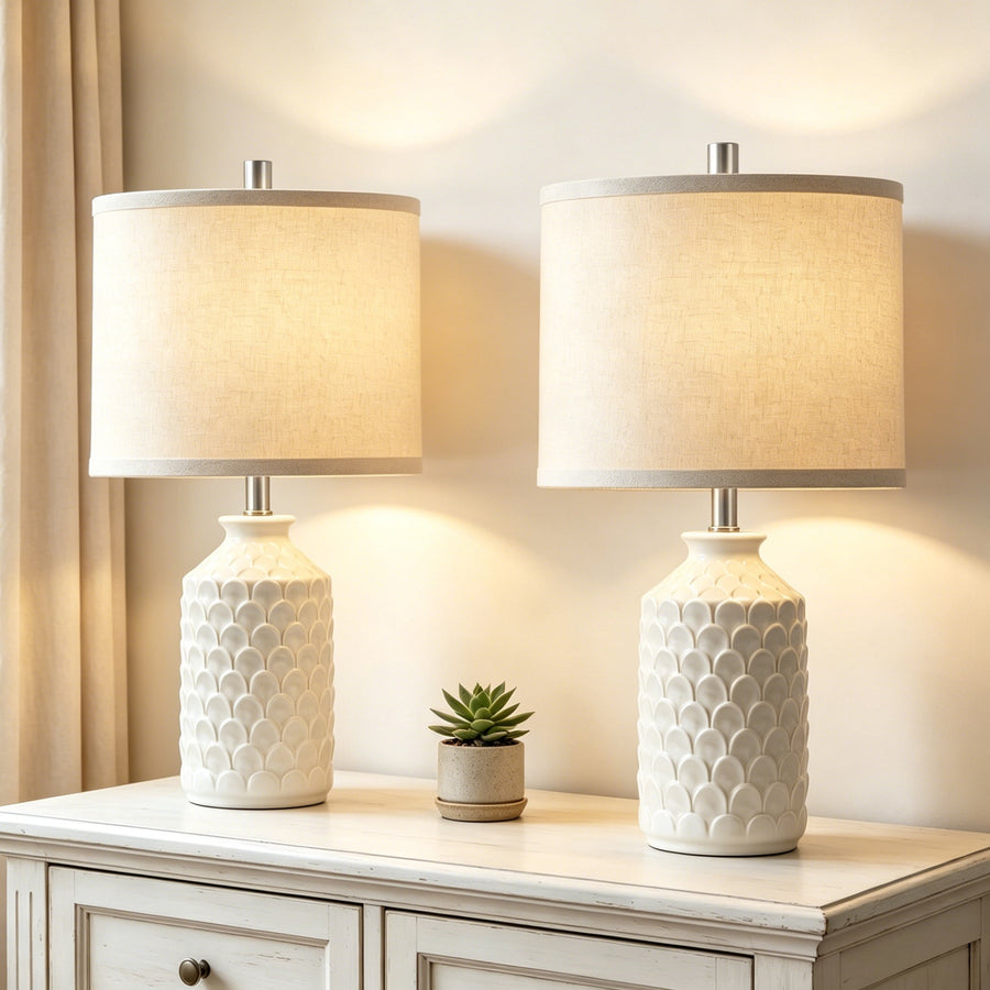 RORIA 21” Ceramic Table Lamps Set of 2,Modern White Bedside Lamps,for the Living Room or Bedroom Nightstands (Bulbs Included)