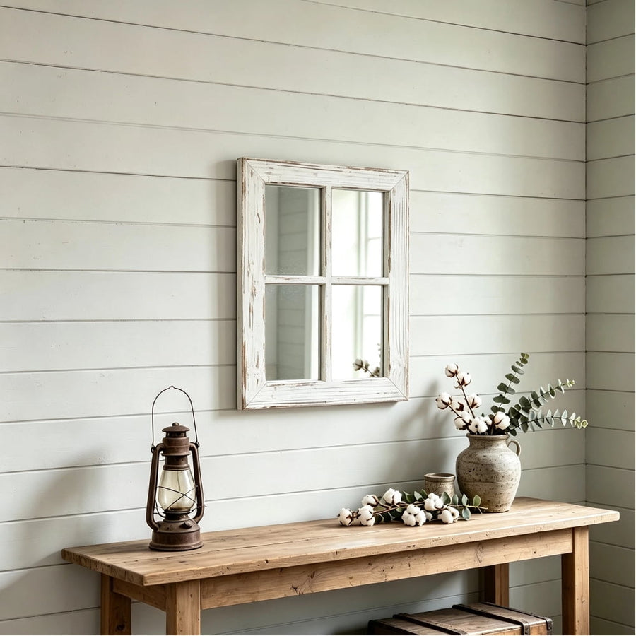 Sintosin Rustic Square Wall Mirror, Distressed White Wood Frame Window Mirrors, Decorative Mirror for Living Room Bedroom, 11" x 16" White
