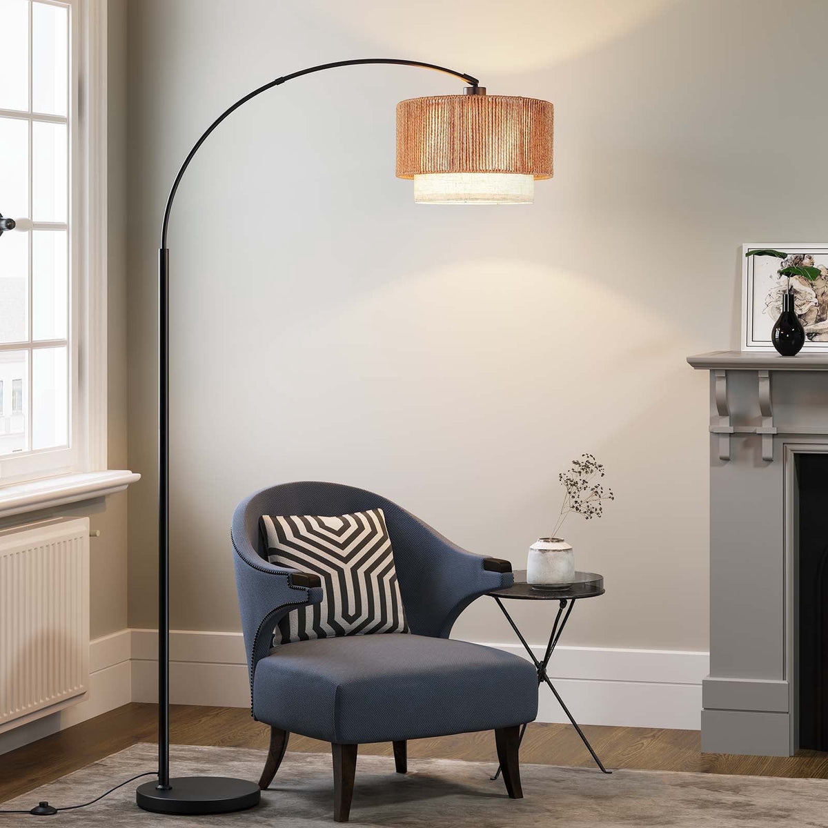SUNMORY Floor Lamps for Living Room with 12W LED Bulb, Arc Floor Lamp with 3 Color Temperatures, Farmhouse Floor Lamps with Adjustable Rattan & Fabric Shades, Boho Standing Lamp for Bedroom, Corner