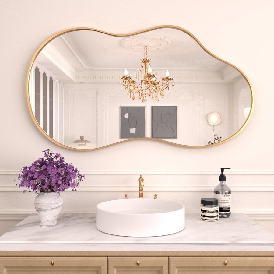 STAWDY 20x36 inch Gold Irregular Wall Mirror, Asymmetrical Mirror, Abstract Wavy Aluminum Alloy Frame Mirror for Bathroom, Bedroom, Living Room, Entryway